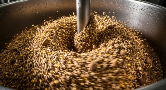 Industrial mixer blending dry grains and feed pellets in a large metal vat