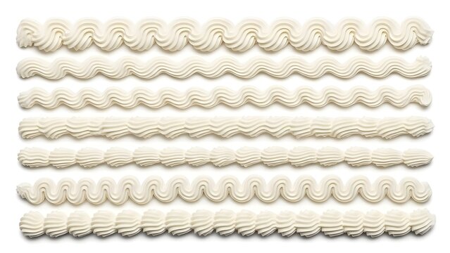 Collection of White Piped Whipped Cream Decorative Borders Isolated on White Background