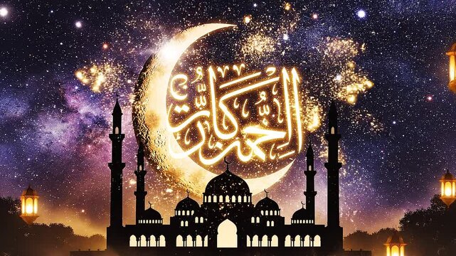 A serene nighttime scene of a mosque silhouette under a crescent moon with Arabic calligraphy, surrounded by lanterns and stars