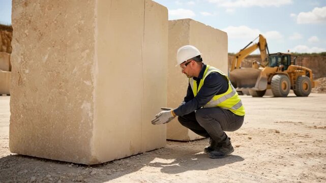Medium shot of a technician visually inspecting large dimension stone blocks for surface flaws and color consistency in a quarry setting.