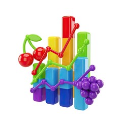 Dynamic 3D Business Data Visualization Bar Chart with Colorful Line Graphs and Fruit Icon Elements