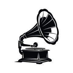 Vintage gramophone with large horn and turntable on white background Keywords: vintage