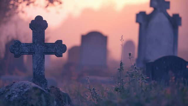 Video A cemetery scene with a single cross in the foreground, suitable for use in memorial services or remembrance events
