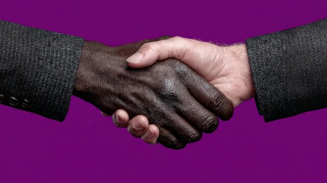 Close-up of two hands shaking, one dark-skinned and one light-skinned, against a purple background