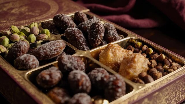 Assorted sweets and nuts in a decorative box on a table with a cloth