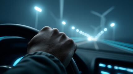 Close-up of a confident driver's hands on the steering wheel against the backdrop of a futuristic highway with a neon blue digital grid and arrows, and silhouettes of wind turbines in the night haze.