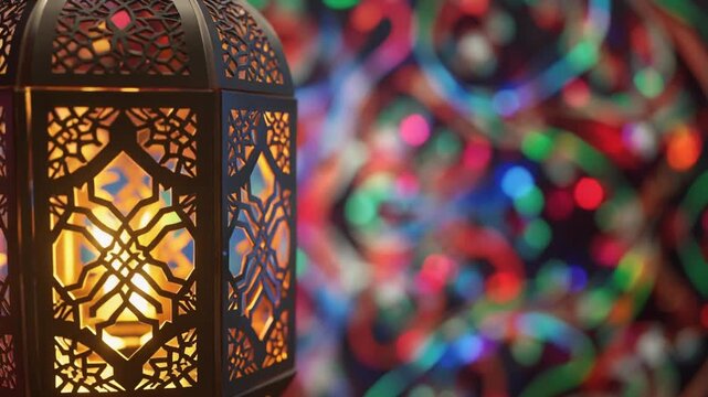 A close-up of a traditional lantern with intricate cutouts glowing warmly against a vibrant, colorful background featuring a kaleidoscope of patterns and designs, possibly for Ramadan or festive use