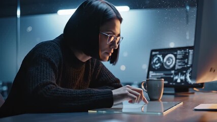 Woman uses tablet at night office with laptop data. Professional works on tablet with coffee nearby. Woman analyzes data on laptop at desk. Night work with tablet and laptop showing charts. - Powered by Adobe