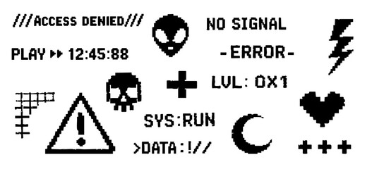 Collection of retro pixel art icons and system status text elements for gaming and cyberpunk UI design isolated on a white background.