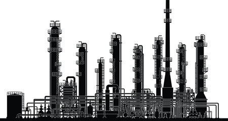 Obraz premium Industrial refinery silhouette illustration, petrochemical processing plant with pipelines towers stacks, black factory infrastructure isolated on white background vector design