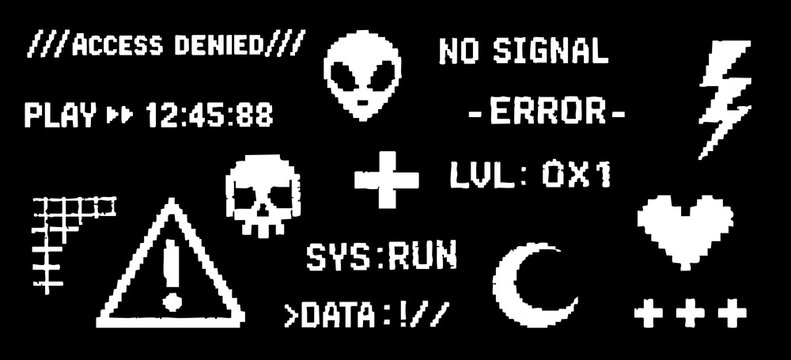 Collection of retro 8-bit pixel art game icons and glitch text elements, including skull, heart, and error messages on black background.