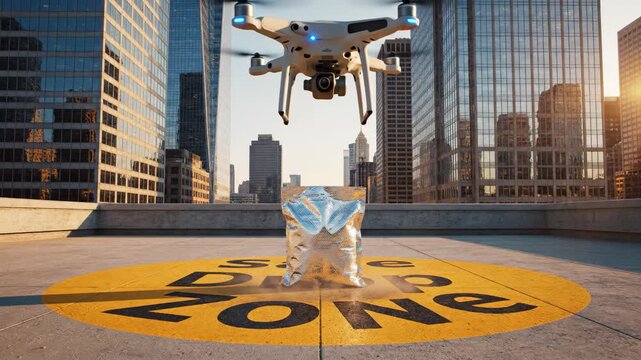 As the sun sets behind towering buildings, a drone gracefully descends to deliver a package in a marked drop zone, showcasing cutting-edge technology in urban life.