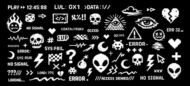 Collection of retro pixel art glitch icons and computer error text elements in 8-bit style on a black background.