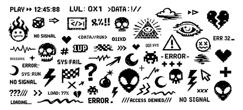 Collection of retro 8-bit pixel art elements, icons, and text with a glitchy cyber aesthetic and gaming themes on a white background.