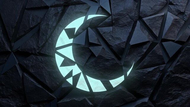 A glowing blue crescent moon shines through a dark, shattered, geometric stone wall with triangular fragments breaking apart