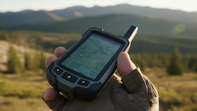 Medium shot of a GPS collar display with vibrant map overlays portraying precise location tracking for large game animals in the field.
