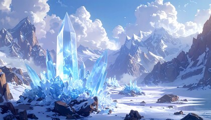 A wintry scene with jagged mountains and a cluster of giant, sparkling blue crystals on a snowy landscape under a bright, cloudy sky