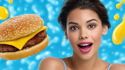 Delicious Cheeseburger and Happy Woman Party Snacks