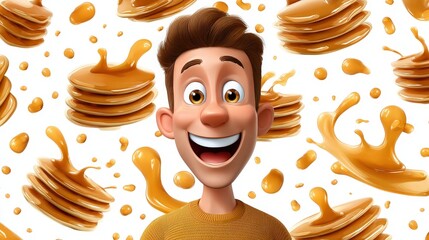 Cartoon Man with Flying Pancakes and Syrup Splash