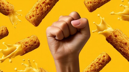 Fried Mozzarella Stick Snacks with Melted Cheese Sauce and Fist