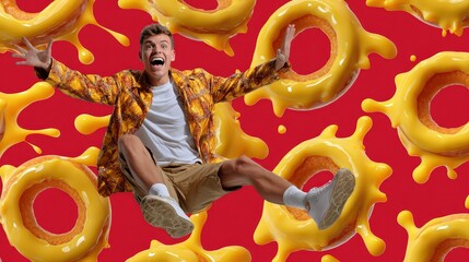 Excited Young Man Jumping with Giant Glazed Donuts on Red Background