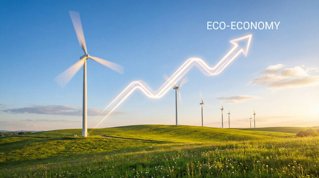 Wind turbines spinning on green hill under blue sky with glowing arrow symbolizing eco economy growth in bright sunlight