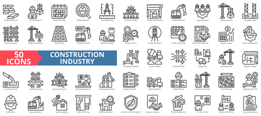 construction industry icon set outline style illustration. containing site management, design coordination, project planning, civil engineering, safety inspection, survey equipment, cost estimation