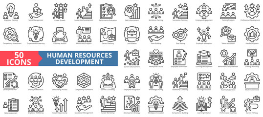 human resources development icon set outline style illustration. containing a feedback system, professional development, career pathway, learning initiative, competence building, work environment