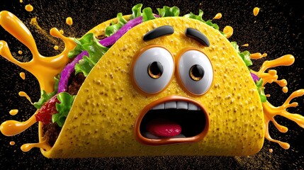 Funny Cartoon Taco Character with Cheese Splash Party Snack