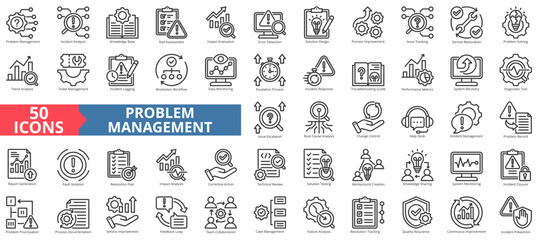 problem management icon set outline style illustration. containing incident closure, system monitoring, corrective action, technical review, troubleshooting guide, workaround creation, system recovery