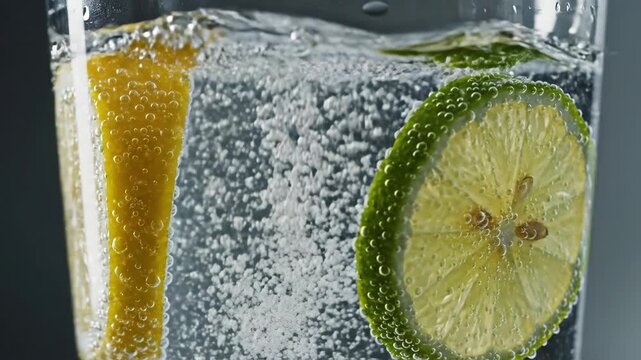 Captivating bubbles rise as lemon and lime slices float in cool water, creating a refreshing drink that delights the senses and quenches thirst, perfect for any warm day.