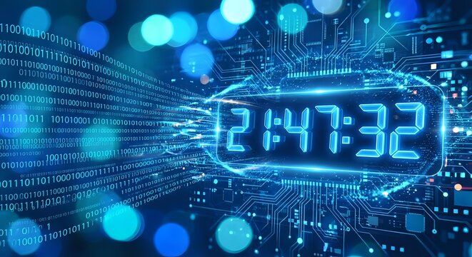 Digital clock display showing time 21:41:32 in futuristic cyber environment with binary code streams and circuit board patterns for technology concepts.