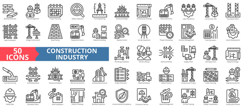 construction industry icon set outline style illustration. containing site management, design coordination, project planning, civil engineering, safety inspection, survey equipment, cost estimation