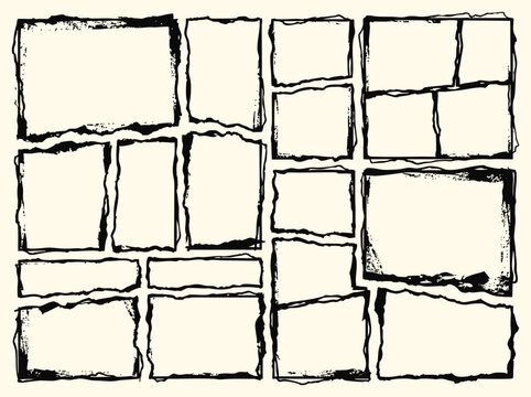 Grunge frame and border set with hand drawn ink textures in a rough torn paper sketch style. A vector illustration collection for photo collages, comic book layouts and social media posts.