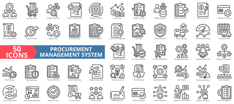 procurement management system icon set outline illustration. contain strategic sourcing, record keeping, digital signature, supply chain, request quotation, audit trail, delivery schedule, rating