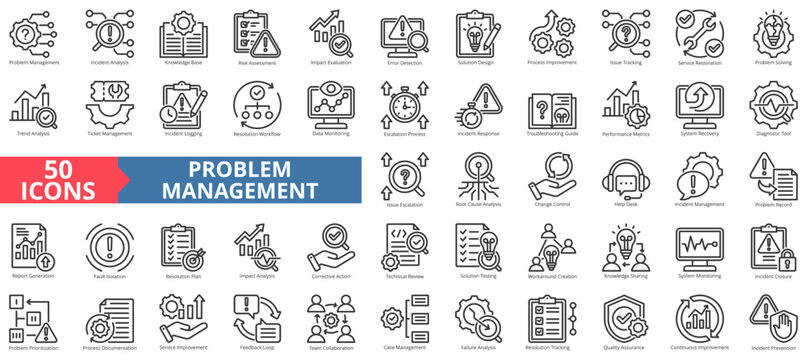 problem management icon set outline style illustration. containing incident closure, system monitoring, corrective action, technical review, troubleshooting guide, workaround creation, system recovery