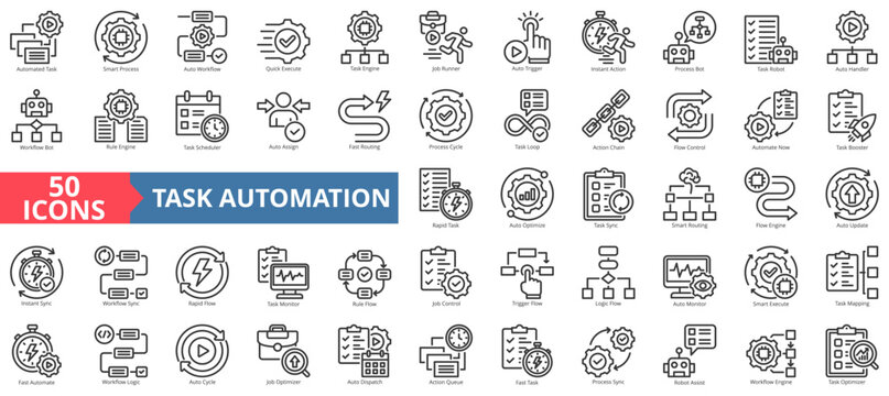 task automation icon set outline style illustration. containing automated task, smart process, flow control, automate now, workflow logic, robot assist, instant sync, auto assign, job runner