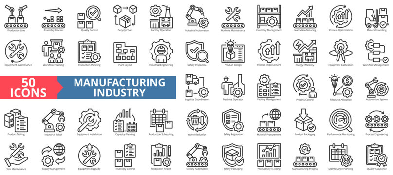 lean manufacturing industry icon set outline style illustration. containing production line, material handling, waste reduction, resource allocation, energy system, logistics coordination