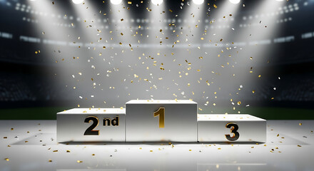 A podium with first, second, and third place in a stadium