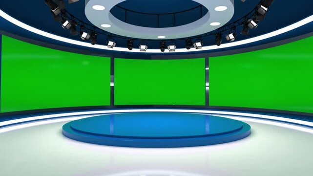 Professional virtual television studio set design featuring a circular blue presentation stage and large chroma key green screen backdrop ready for digital content integration