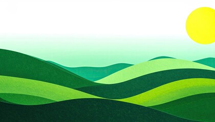 Obraz premium Abstract rolling green hills under a bright yellow sun, peaceful