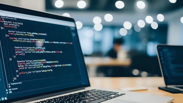 Software developer coding on laptop in modern office workspace with programming code on screen and blurred background lights for tech projects.