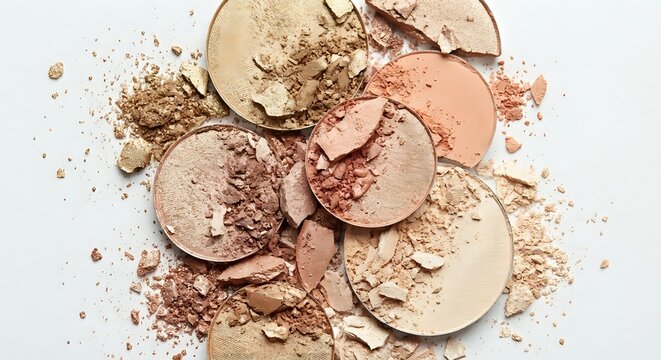 Broken makeup powder compacts in neutral beige and pink tones scattered with crushed cosmetic powder creating artistic beauty composition on white background.