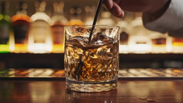 In a warmly lit bar, a hand stirs a glass of whiskey filled with ice, creating ripples. Laughter and chatter fill the air as friends share stories. The cozy atmosphere invites connection.
