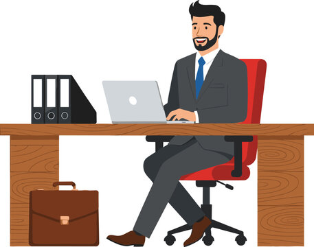 Professional Businessman in Suit Working on Laptop at Office Desk with Briefcase and Binders for Corporate Career, Management, Remote Work, and Executive Business Success Illustrations