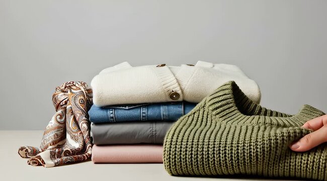 Hand picking a green sweater from a neat stack of clothes