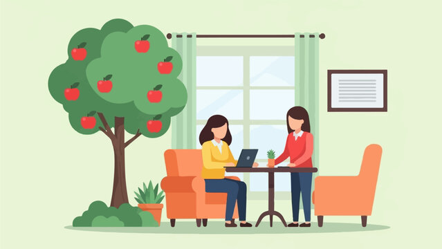 Two women in a room, one using laptop, by apple tree