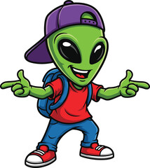 Alien cartoon illustration, playful extraterrestrial artwork, modern fashion mascot, youthful character design, pop culture style, entertainment symbol