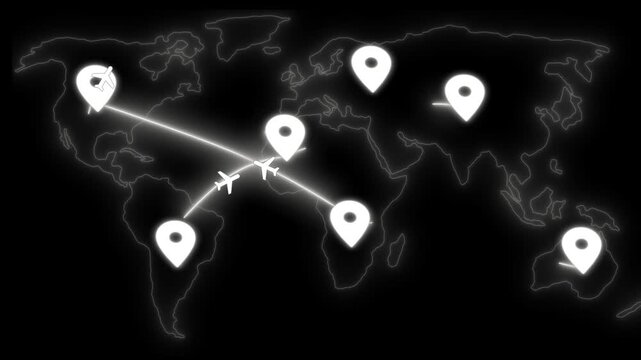 Glowing world map with flight paths and location markers animation