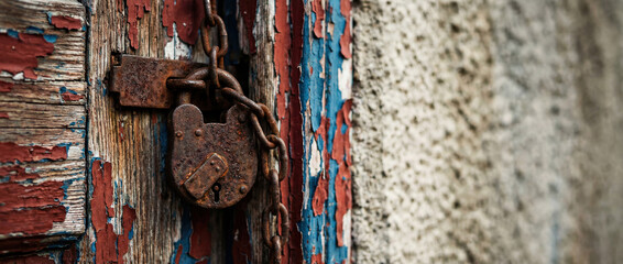 Close-up of an old rusty padlock and chain securing a weathered wooden door with peeling red and blue paint, symbolizing abandonment, security, and urban decay.